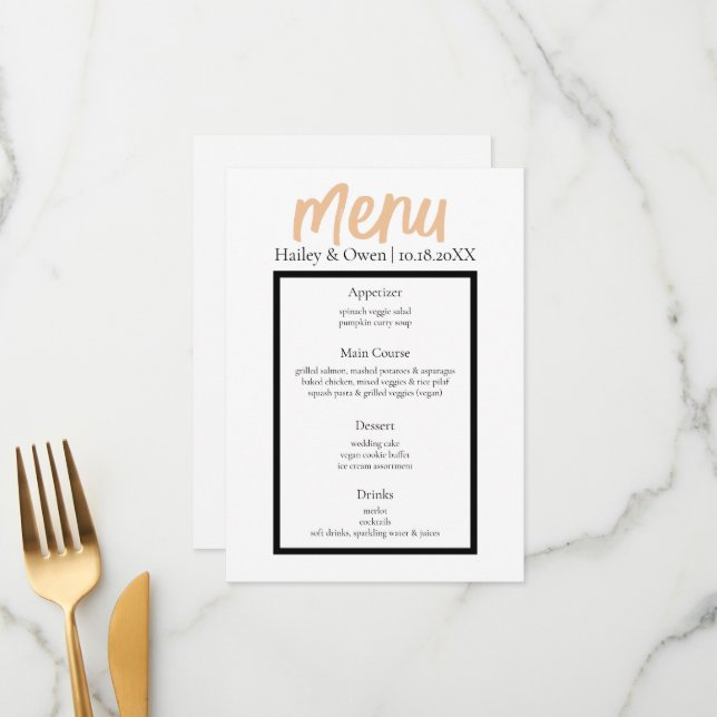 Minimalistische Personalisierte Hochzeitsnahrung Menükarte (Vorderseite/Rückseite Beispiel)