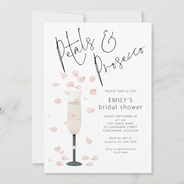 Minimalistische Petalen und Prosecco-Brautparty Einladung (Vorderseite)