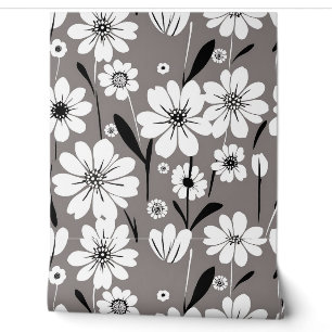 Minimalistische Petals Muster Wildblumen Schwarz-w Tapete