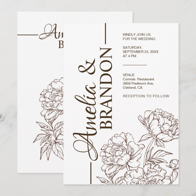 Minimalistische Pfingstrosen-Hochzeitseinladung Lu Einladung (Vorne/Hinten)