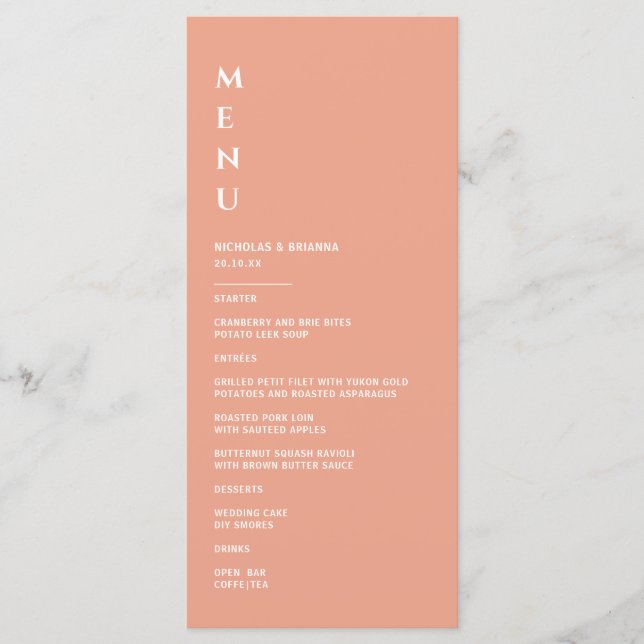 Minimalistische Pfirsichhochzeit Menükarte (Vorderseite)