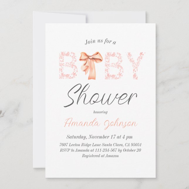 Minimalistische Pink Bow Toile Bloral Baby Dusche Einladung (Vorderseite)