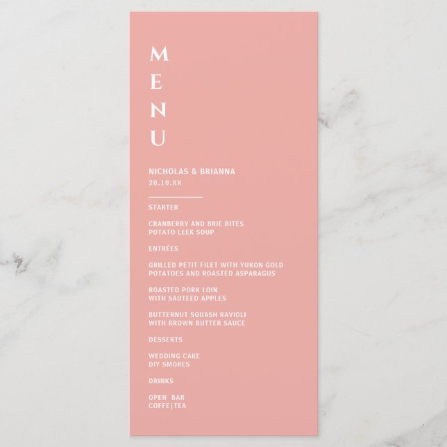 Minimalistische Pink-Hochzeit Menükarte (Vorderseite)