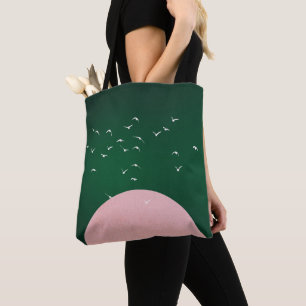 Minimalistische Pink Moon mit Vögeln Moderne Kunst Tasche