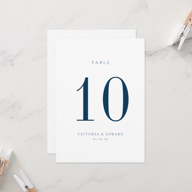Minimalistische Preußische Blue Wedding Tischnumme Einladung (Vorderseite/Rückseite Beispiel)