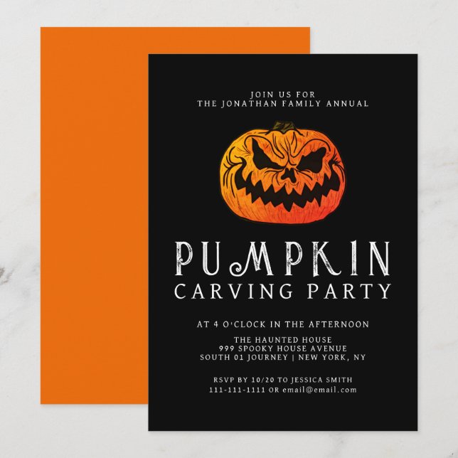 Minimalistische Pumpkin Spooky Carving Party Hallo Einladung (Vorne/Hinten)