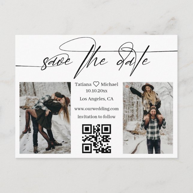 Minimalistische QR-Code-2-Fotos-Collage Save the D Ankündigungspostkarte (Vorderseite)