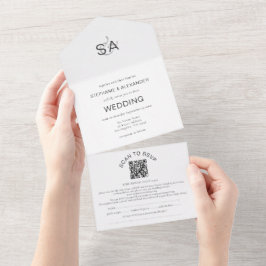Minimalistische QR Code Schwarz-weiß Hochzeit All In One Einladung