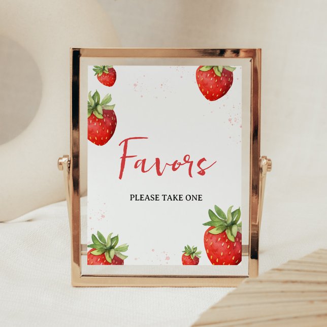 Minimalistische Red Strawberry Favoriten Poster (Berry Sweet Baby Shower Favors Sign)