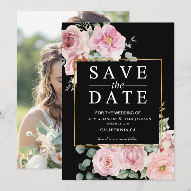 Minimalistische rosa Blume Foto Black Wedding Save The Date (Vorne/Hinten)