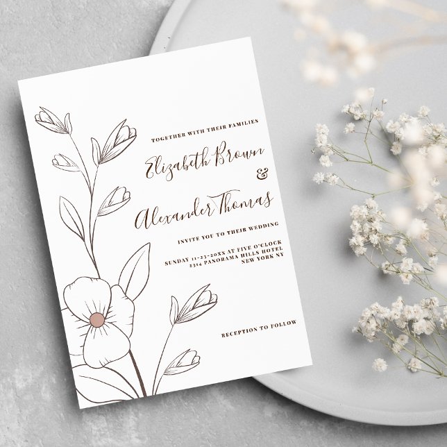 Minimalistische Rosa-Blume Skizze Hochzeit Einladung (Minimalist white pink brown flowers sketch wedding invitation)