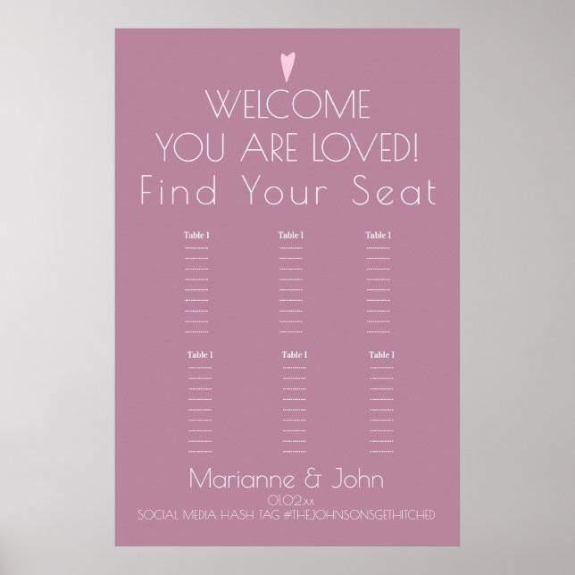 Minimalistische Rosa Herz-Hochzeitstabelle Poster (Vorne)