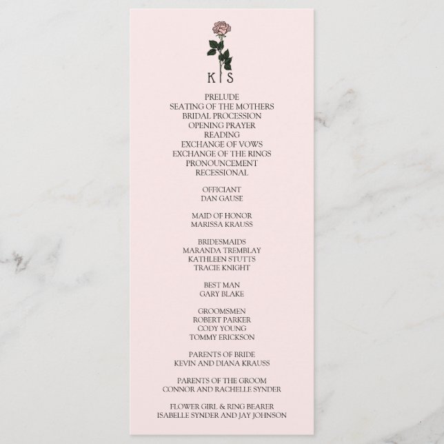 Minimalistische Rosa-Monogramm-Hochzeit Programm (Vorderseite)