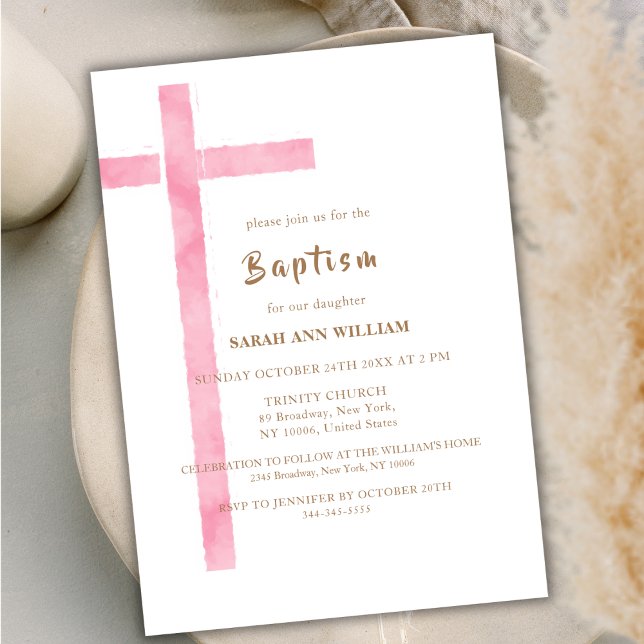 Minimalistische Rosa Wasserfarbenkreuz Girl Taufe Einladung (Minimalist Pink Watercolor Cross Girl Baptism Invitation)