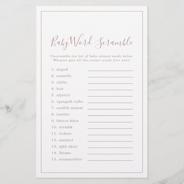 Minimalistische Rose Gold Baby Word Scramble Game (Vorderseite)