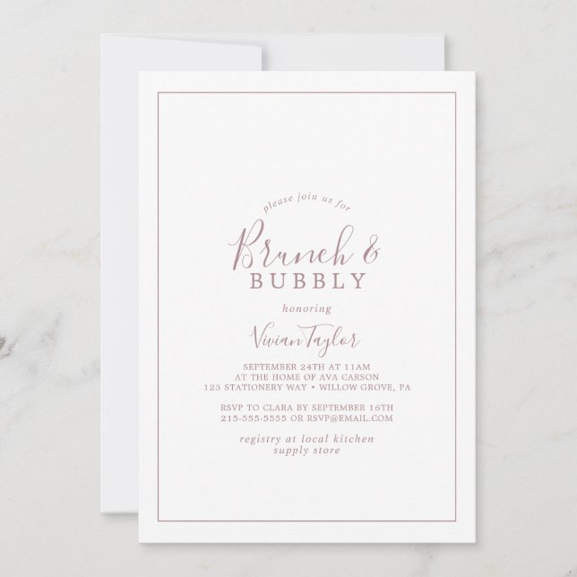 Minimalistische Rose Gold Brunch & Bubbly Brautpar Einladung (Vorderseite)