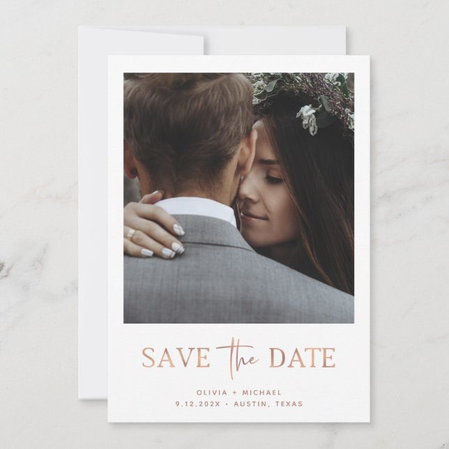 Minimalistische Rose Gold | Ein Foto Save The Date (Vorderseite)