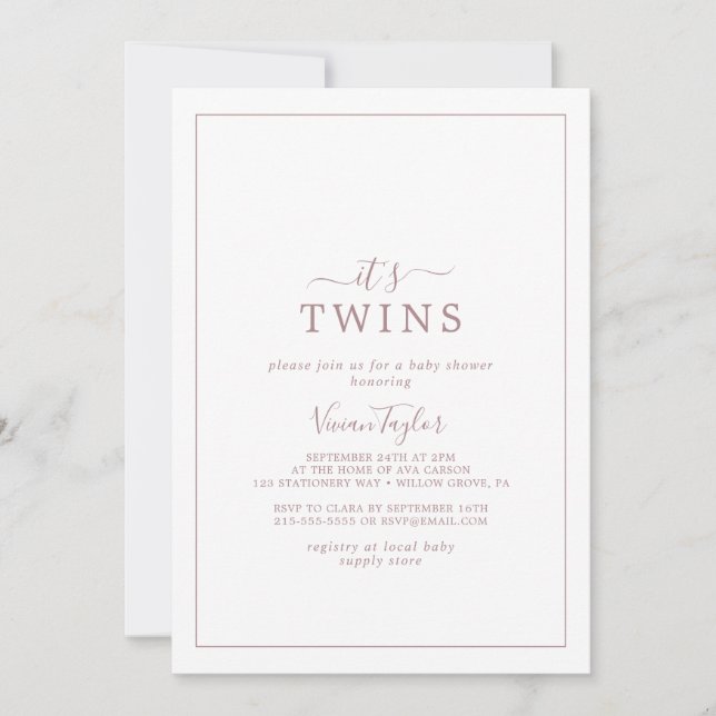Minimalistische Rose Gold Es ist Twins Baby Dusche Einladung (Vorderseite)
