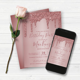 Minimalistische Rose Gold Glitzer Tropfen Geburtst Einladung