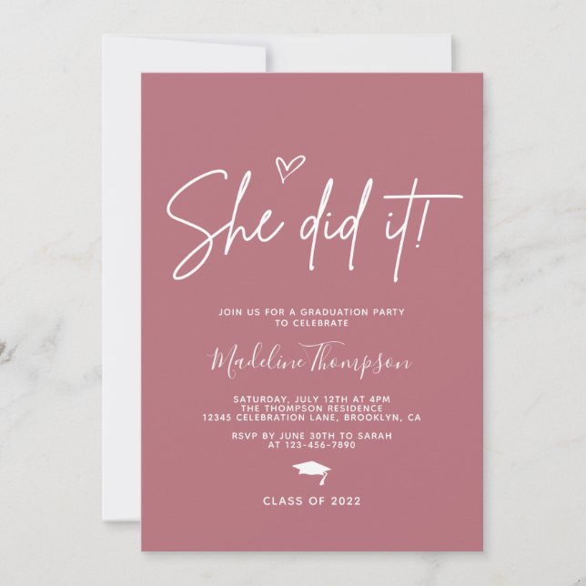 Minimalistische Rose Gold Heart Sie tat es Abschlu Einladung (Vorderseite)