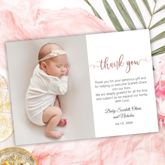 Minimalistische Rose Gold Script Baby Foto Vielen  Dankeskarte (Von Creator hochgeladen)