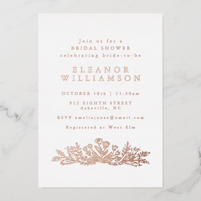 Minimalistische Rose Goldenes Foil Botanisches Bra Folieneinladung (Vorderseite)