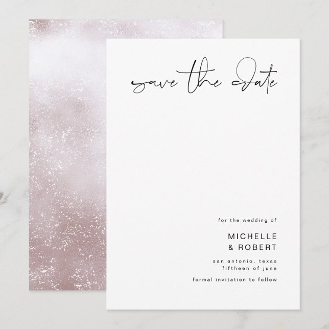 Minimalistische Rose mit elegantem Skript Save the Einladung (Vorne/Hinten)