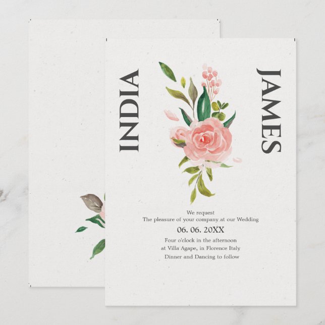 Minimalistische Rose- und Blatthochzeit Einladung (Vorne/Hinten)