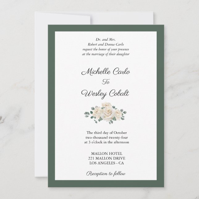Minimalistische Rose und Grüne Grenzhochzeit Einladung (Vorderseite)