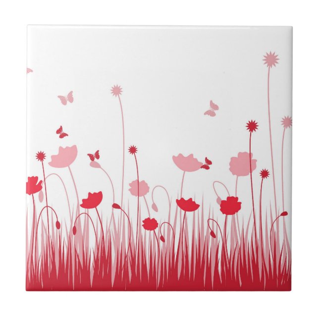 Minimalistische Rot- und Weißblüten Fliese (Vorderseite)