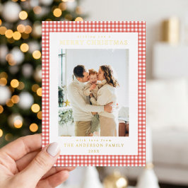 Minimalistische rote Gingham-Weihnachtsfoto Folien Feiertagskarte