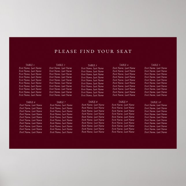 Minimalistische rote Hochzeitstabelle für Burgund Poster (Vorne)