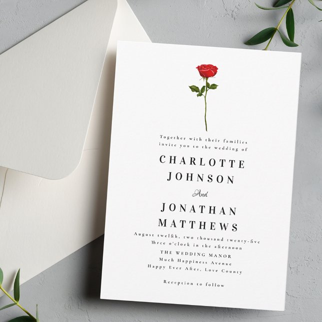 Minimalistische Rote Rose Elegante Moderne Einladung (Simple red rose watercolor elegant modern wedding invitation. Watercolor floral stylish romantic )