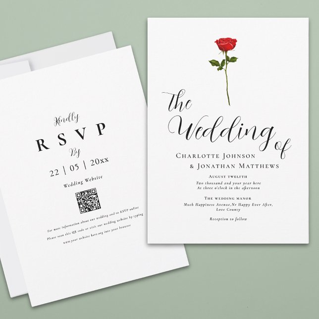 Minimalistische Rote Rose Eleganter Script QR Code Einladung (Simple red rose watercolor elegant script qr code wedding invitation )