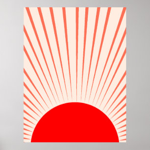 Minimalistische Rote Sonne und Sonnenstrahlen Poster