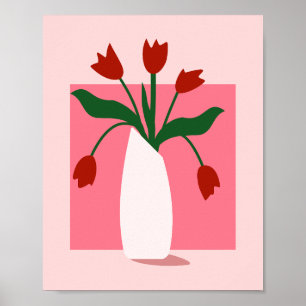 Minimalistische rote Tulpen in rosa Vasen-Ästhetik Poster