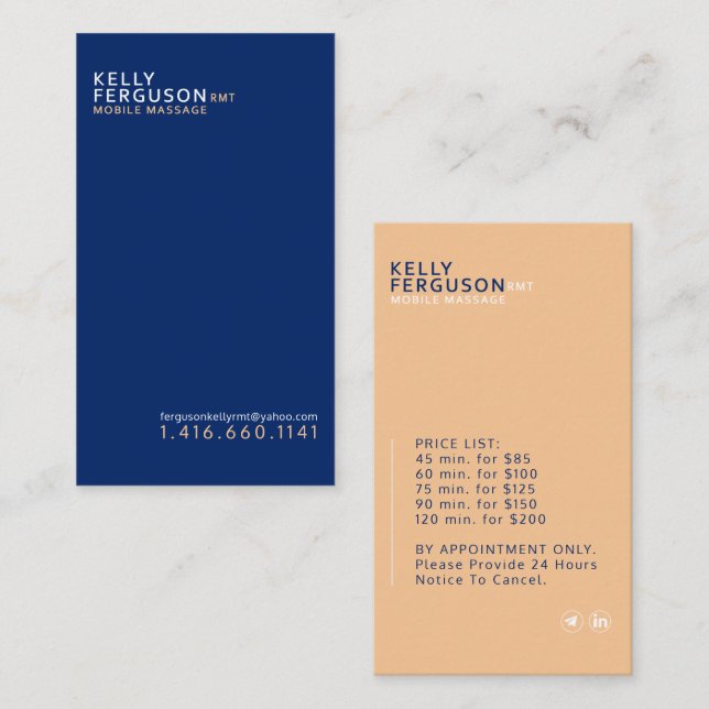 Minimalistische Royal Blue Peach Business Card Visitenkarte (Vorne/Hinten)