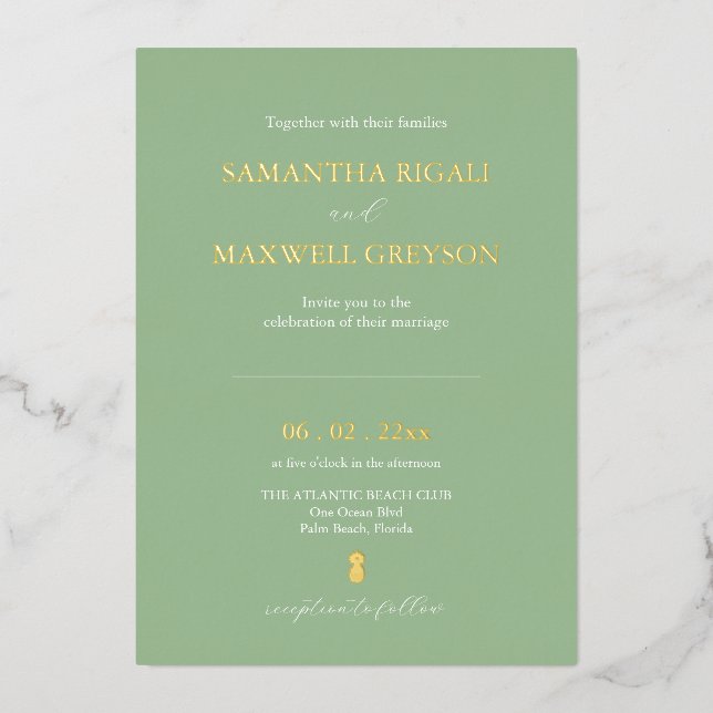 Minimalistische Sage Green Nautical Beach Hochzeit Folieneinladung (Vorderseite)