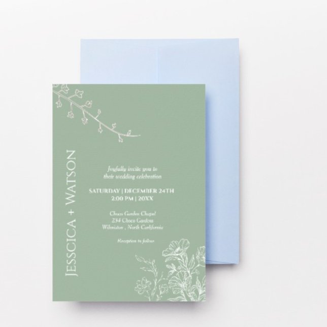 Minimalistische Salbei- und Smaragdblütenhochzeit Einladung (Von Creator hochgeladen)