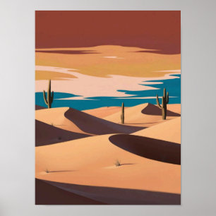 Minimalistische Sanddünen mit Kakteen in warmen Tö Poster