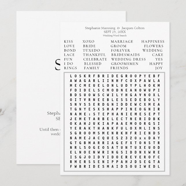 Minimalistische Save the Date Hochzeitwortsuche -  Einladung (Vorne/Hinten)