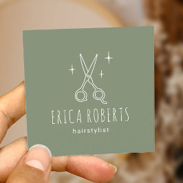 Minimalistische Schere im Friseur Salon Sage Green Quadratische Visitenkarte