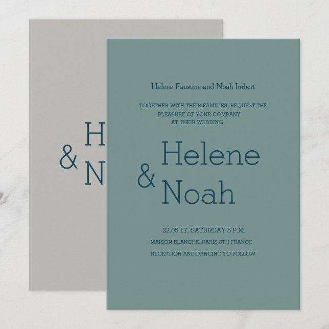 Minimalistische schick moderne blaugraue Hochzeit Einladung (Vorne/Hinten)
