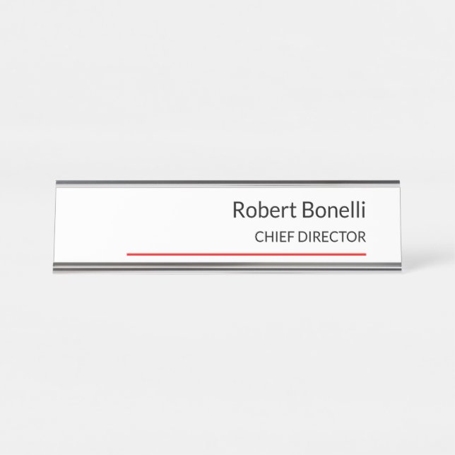 Minimalistische Schlichte Rot-Weiß-Standardgröße Schreibtischnamensplakette (Vorderseite )