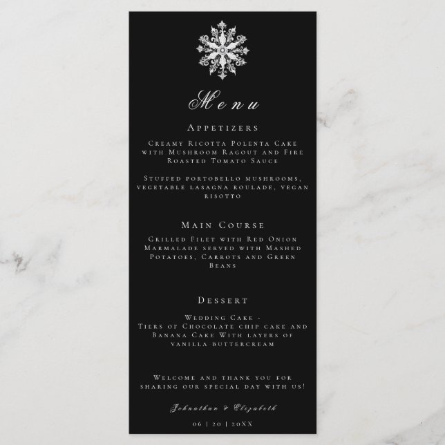 Minimalistische Schneeflocke | Black Wedding Menu Menükarte (Vorderseite)