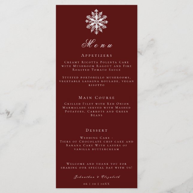 Minimalistische Schneeflocke | Red Wedding Menu Menükarte (Vorderseite)