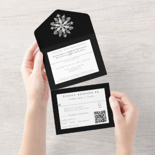 Minimalistische Schneeflocken-Hochzeit Schwarz All In One Einladung