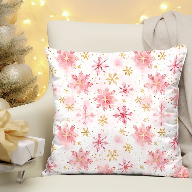 Minimalistische Schneeflocken in Rosa und Gold Kissen (Minimalist Pink and Gold Winter Snowflakes Throw Pillow
)