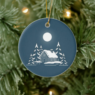 Minimalistische Schneehütten-Mondlicht-Winterszene Keramik Ornament