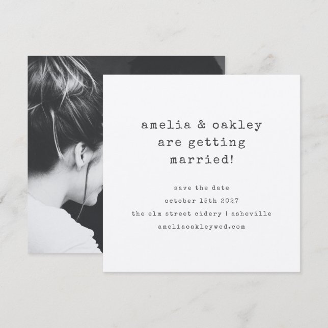 Minimalistische Schreibmaschine Black Kraft Weddin Save The Date (Vorne/Hinten)